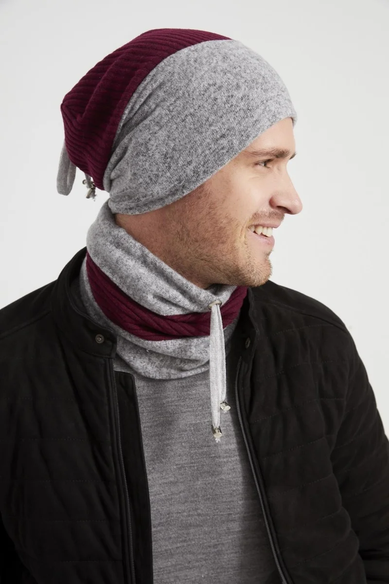 Butikgiz Burgundy Gray Men's Young Best Of Burgundy Gray Hat Beret Neck Collar Suit Sports Comfortable Cotton Thermal