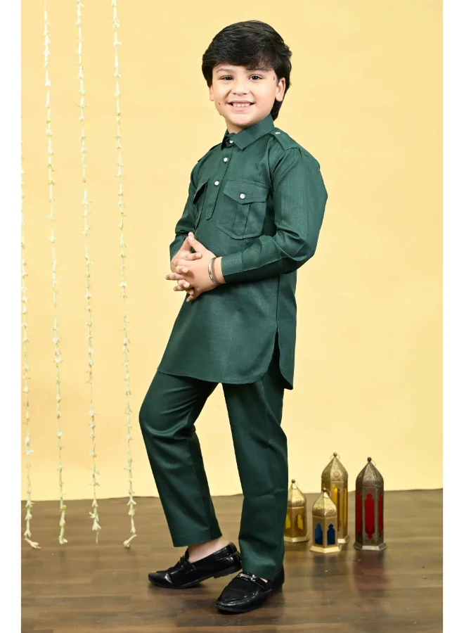 BT DEZINES Boys Dark Green Cotton Blend Kurta and Salwar Set
