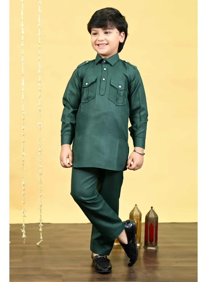 BT DEZINES Boys Dark Green Cotton Blend Kurta and Salwar Set