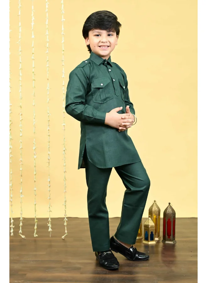 BT DEZINES Boys Dark Green Cotton Blend Kurta and Salwar Set