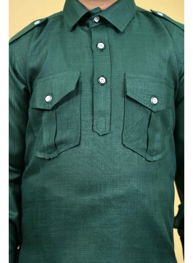 BT DEZINES Boys Dark Green Cotton Blend Kurta and Salwar Set