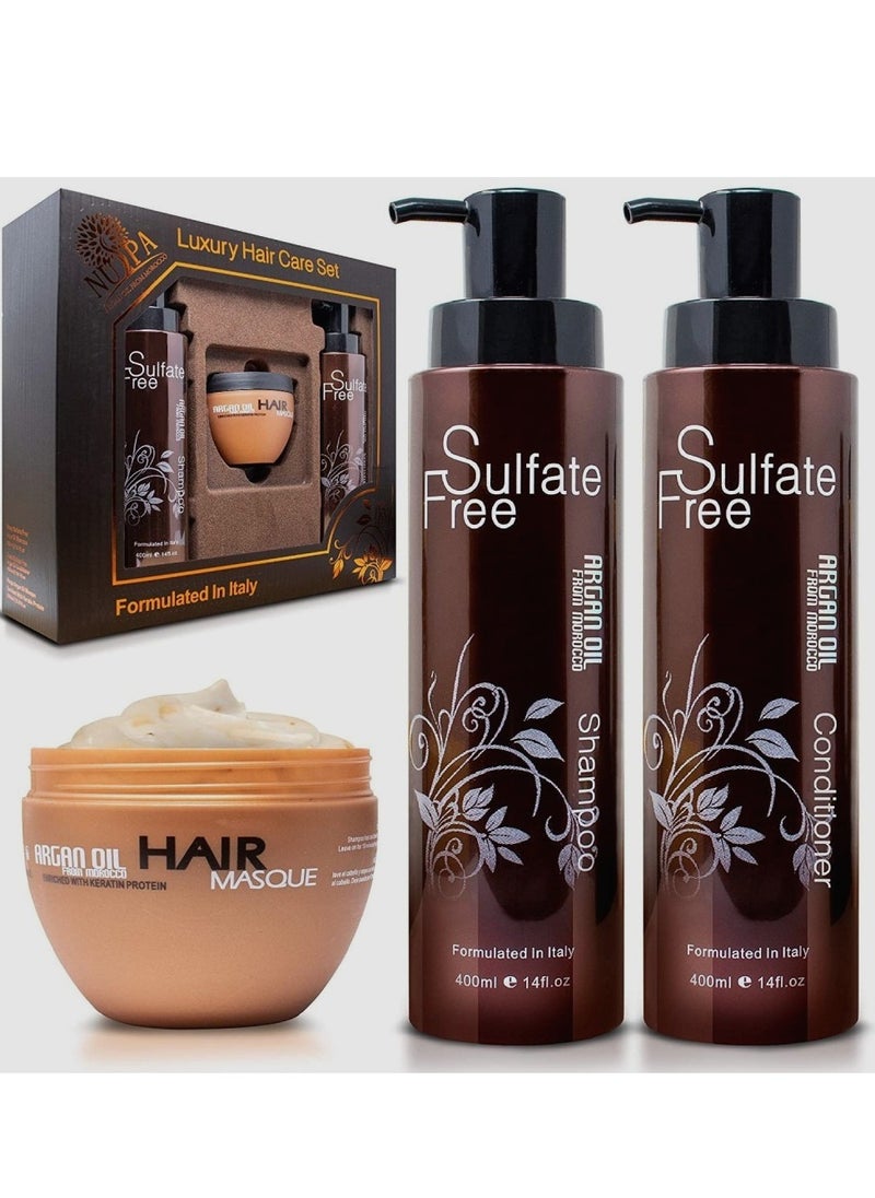 NUSPA - Moroccan Argan Oil Shampoo Conditioner And Hair Mask Sulfate Free Gift Set Best For Damaged Dry Curly Or Frizzy Hair Thickening For Fine Thin Hair Safe For Color And Keratin Treated Hair - Image 1