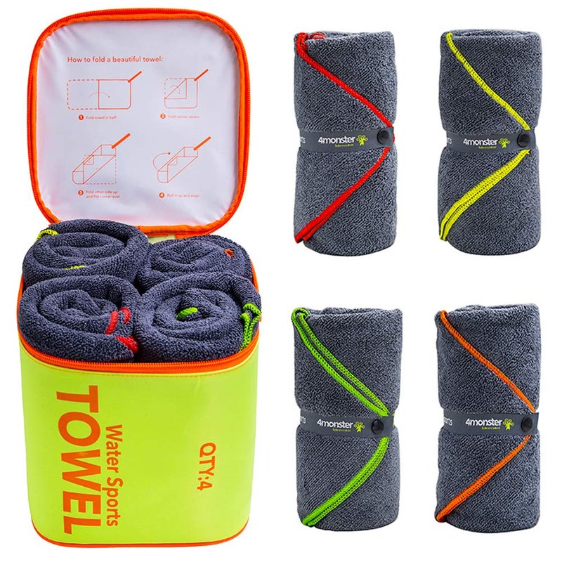 4Monster 4 Pack Microfiber Camping Towel Quick Dry Super Absorbent Travel Towel with Waterproof Bag Lightweight Boat Towel for RV Sport Gym Beach Pool SwimFamily Trip