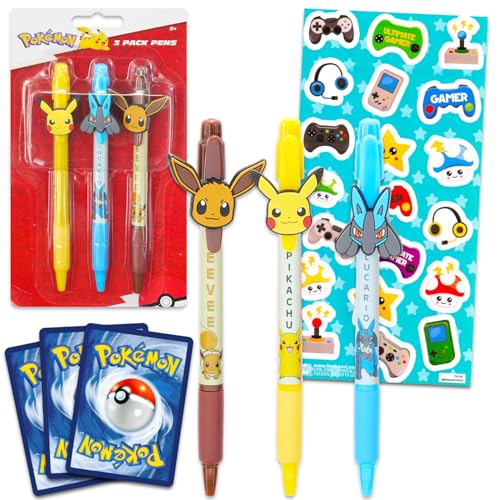 Nintendo Pokemon Pens for Kids - 3 Pc Ballpoint Pen Bundle Featuring Pikachu, Lucario, and Eevee Plus Pokemon Cards | Pokemon School Supplies Set for Kids - Image 5