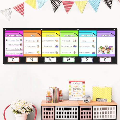 AKAYOK 6 Pockets Storage Pocket Chart for Classroom Small Group Management, Champs Chart, Poster, Photo Wall Display, Drawing, Classroom Organization and Storage (Black) - Image 1