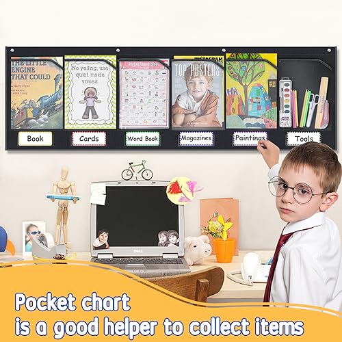 AKAYOK 6 Pockets Storage Pocket Chart for Classroom Small Group Management, Champs Chart, Poster, Photo Wall Display, Drawing, Classroom Organization and Storage (Black) - Image 3