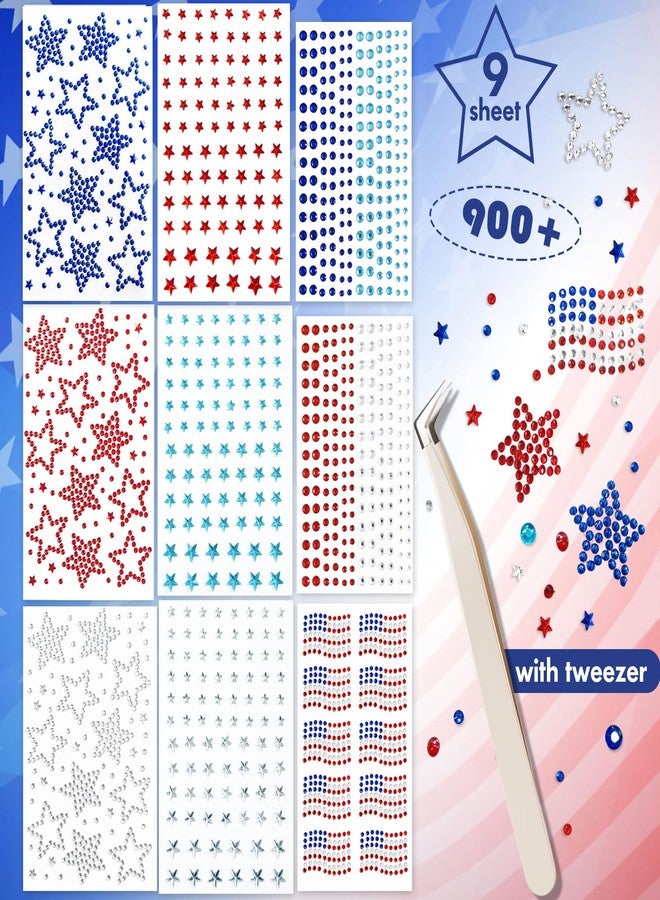 WUIIOE 900PCS 4th of July Face Gems, 9 Sheets Patriotic Rhinestone Stickers - Red White Blue Star, American Flag & Dot Gems for Independence Day Party Makeup (with Tweezer) - Image 2