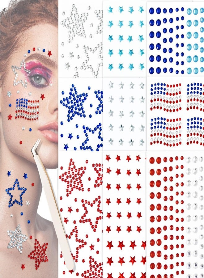 WUIIOE 900PCS 4th of July Face Gems, 9 Sheets Patriotic Rhinestone Stickers - Red White Blue Star, American Flag & Dot Gems for Independence Day Party Makeup (with Tweezer) - Image 1