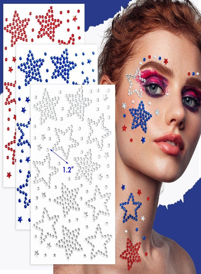 WUIIOE 900PCS 4th of July Face Gems, 9 Sheets Patriotic Rhinestone Stickers - Red White Blue Star, American Flag & Dot Gems for Independence Day Party Makeup (with Tweezer) - Image 3