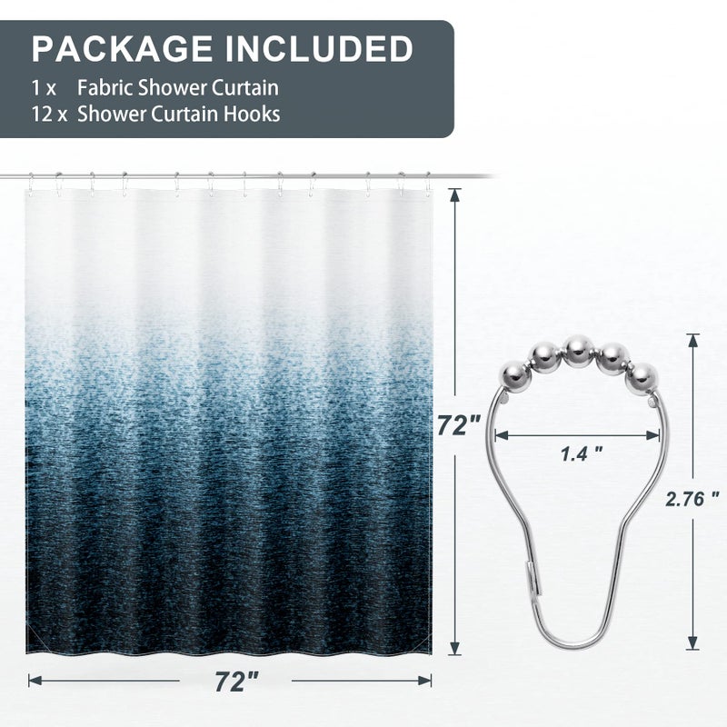 AmazerBath Shower Curtain Blue, Washable Cloth Ombre Shower Curtain Sets with 12 Metal Shower Curtain Hooks, Rustic Waterproof Dark Sea Blue Farmhouse Shower Curtains for Bathroom Decor, 72x72 Inches - Image 2