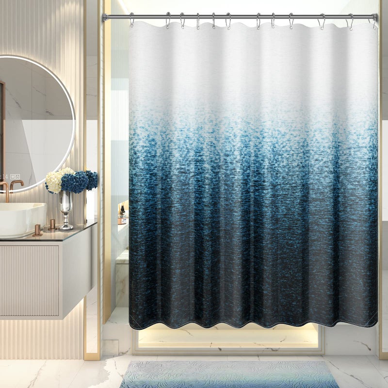 AmazerBath Shower Curtain Blue, Washable Cloth Ombre Shower Curtain Sets with 12 Metal Shower Curtain Hooks, Rustic Waterproof Dark Sea Blue Farmhouse Shower Curtains for Bathroom Decor, 72x72 Inches - Image 1