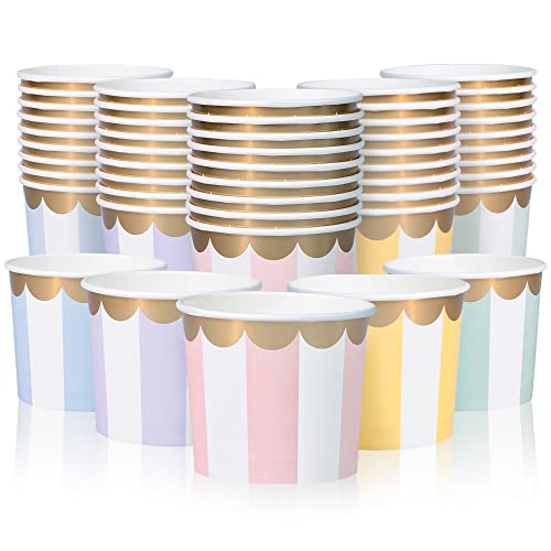 Confettiville Paper Ice Cream Cups 50Count 11Oz Disposable Dessert Bowls for Hot or Cold Food 11Ounce Party Supplies Treat Cups 5 Colors Pastel Stripes with Scalloped Gold Foil