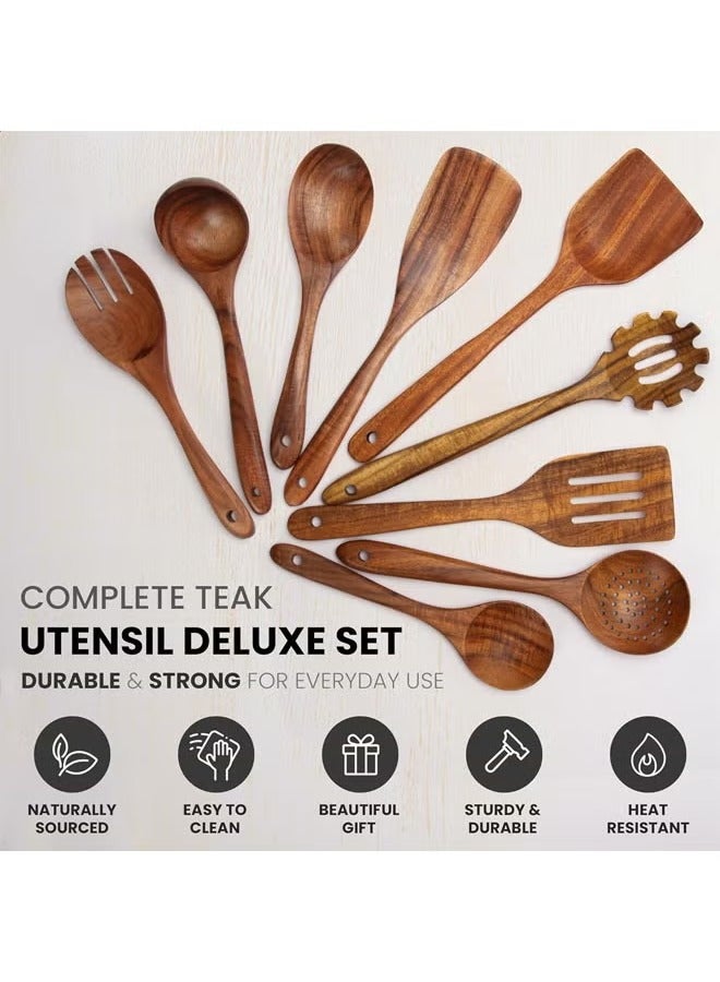 عربست أواني خشبية من خشب الساج مكونة من 9 قطع للطبخ، طقم أواني خشب الساج الطبيعي ناعم الملمس، ملاعق خشبية مانعة للالتصاق للطبخ، طقم هدايا للمطبخ، طقم أواني خشبية مريحة - Image 3