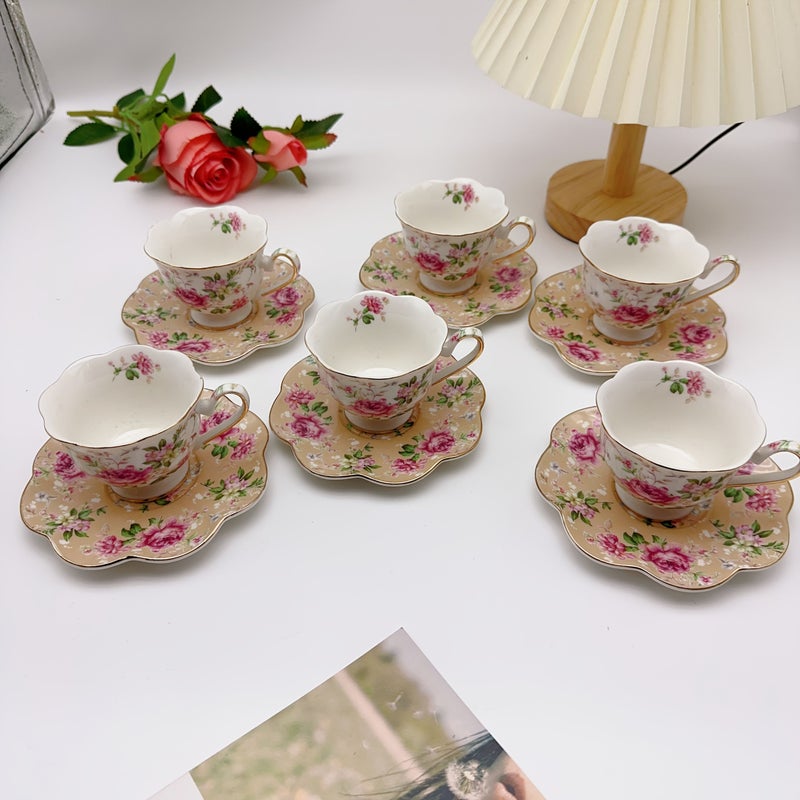 European Style Blue Floral Coffee Cup And Saucer Set 12 Pieces Gift Box - Image 1