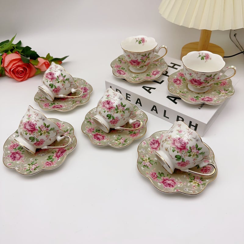 European Style Blue Floral Coffee Cup And Saucer Set 12 Pieces Gift Box - Image 3
