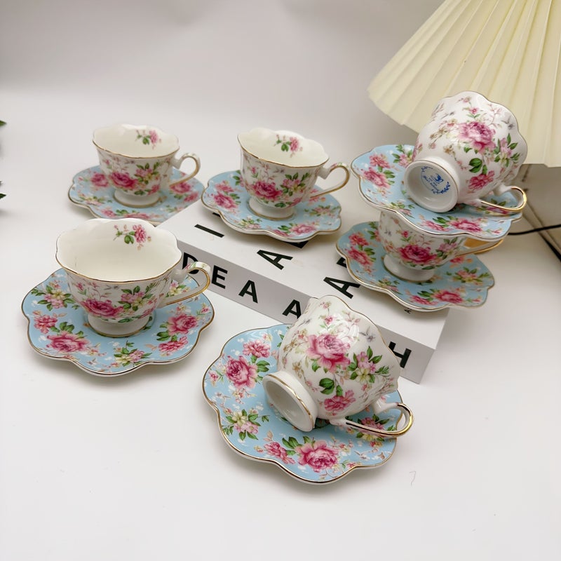 European Style Blue Floral Coffee Cup And Saucer Set 12 Pieces Gift Box - Image 2