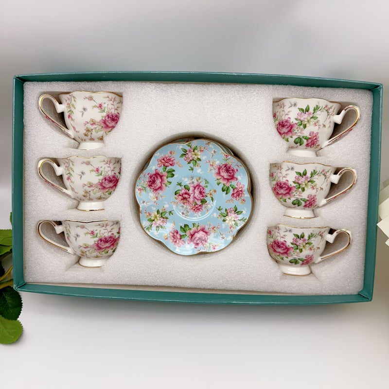 European Style Blue Floral Coffee Cup And Saucer Set 12 Pieces Gift Box - Image 5