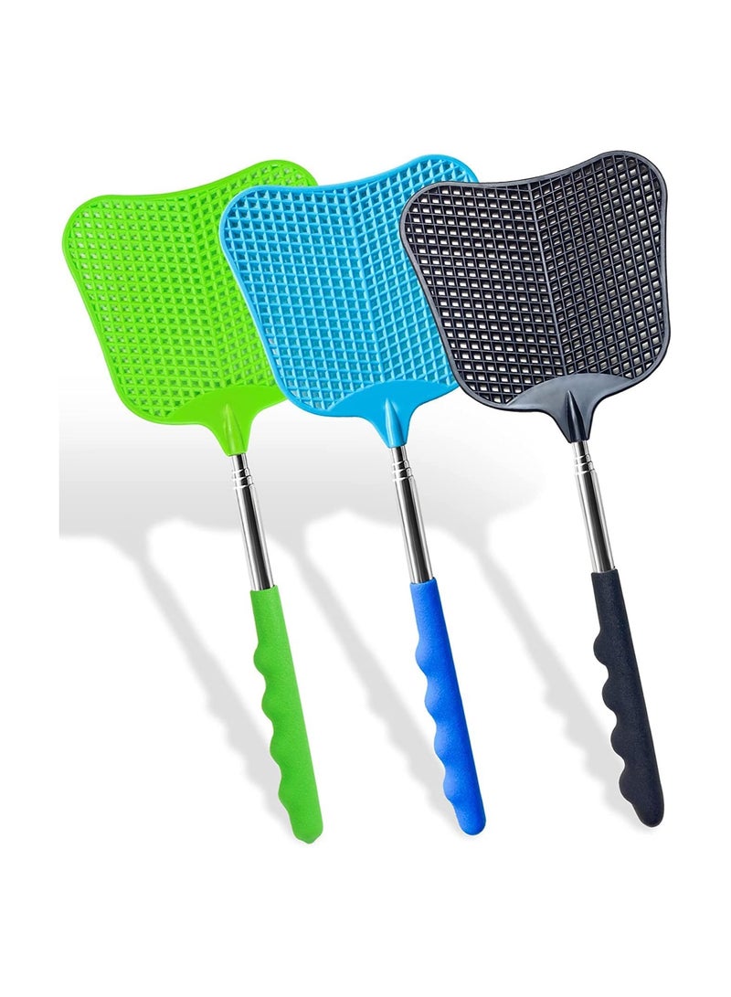 SYOSI 3 pcs Fly Swatter, Fly Swatter Plastic,Telescopic Fly Swatters, Large Bug Swatter That Work for Indoor and Outdoor. (Black Blue Green) - Image 1