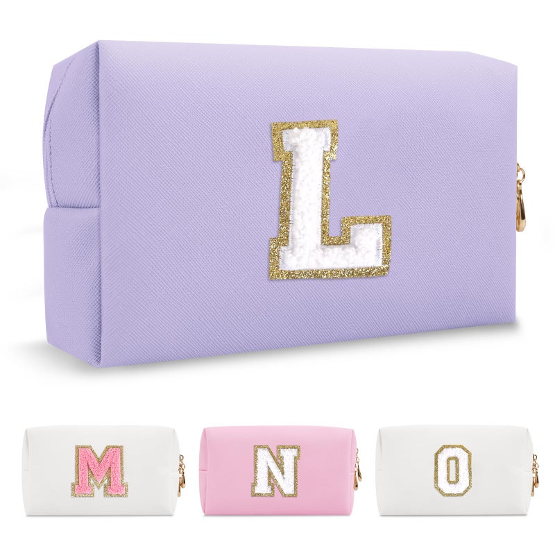 Personalized Makeup Bag Initial AZ Preppy Patch BagSmall PU Leather Travel Cosmetic Bag Pouch with ZipperPurple Cute Toiletry BagGift Ideal for Teen Girls Women Birthday Friend MomLatter L