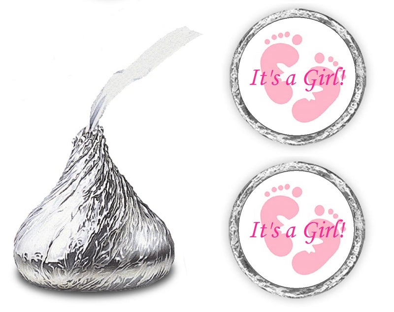 Creativity Labels 324 Its a Girl Pink Footprints Kisses Labels for Baby Shower Or Baby Sprinkle Party Or Event Decorations, Stickers, Wrappers, Favors. Made in USA - Image 1