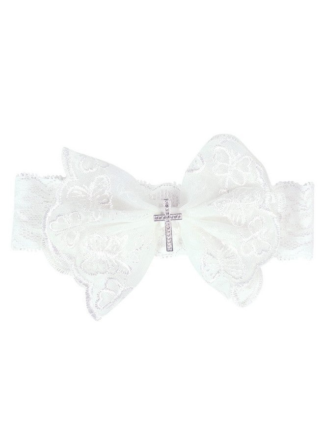 BBTDIN Baby Baptism Headband Bow Newborn Christening Hair Band Baby Baptism Lace Headwear BBG48 (C1-Bow with Cross) - Image 2