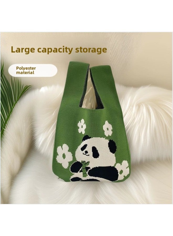 Cute Panda Knitted Bucket Bag Women's Small Animal Style Street Fashion High Elastic Line Casual Tote Handbag Korean Version-Color:Shy Panda Powder-Dimensions:20*36 - Image 2