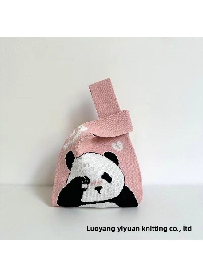 Cute Panda Knitted Bucket Bag Women's Small Animal Style Street Fashion High Elastic Line Casual Tote Handbag Korean Version-Color:Shy Panda Powder-Dimensions:20*36 - Image 1