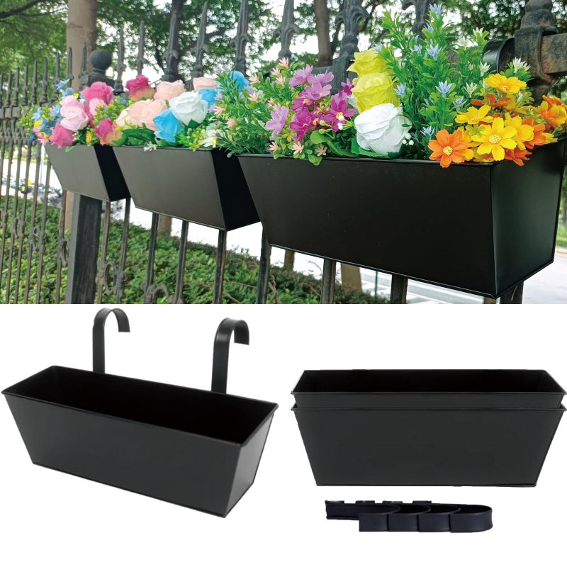 JFMAMJ 3 Pcs Large Hanging Flower Pots for Railing Or Fence 16 Inch Railing Planter Box for Any Balcony, Porch or Deck Countryside Style Window Planter Boxes Are Perfect to Herbs & Flowers for Garden (Black) - Image 1