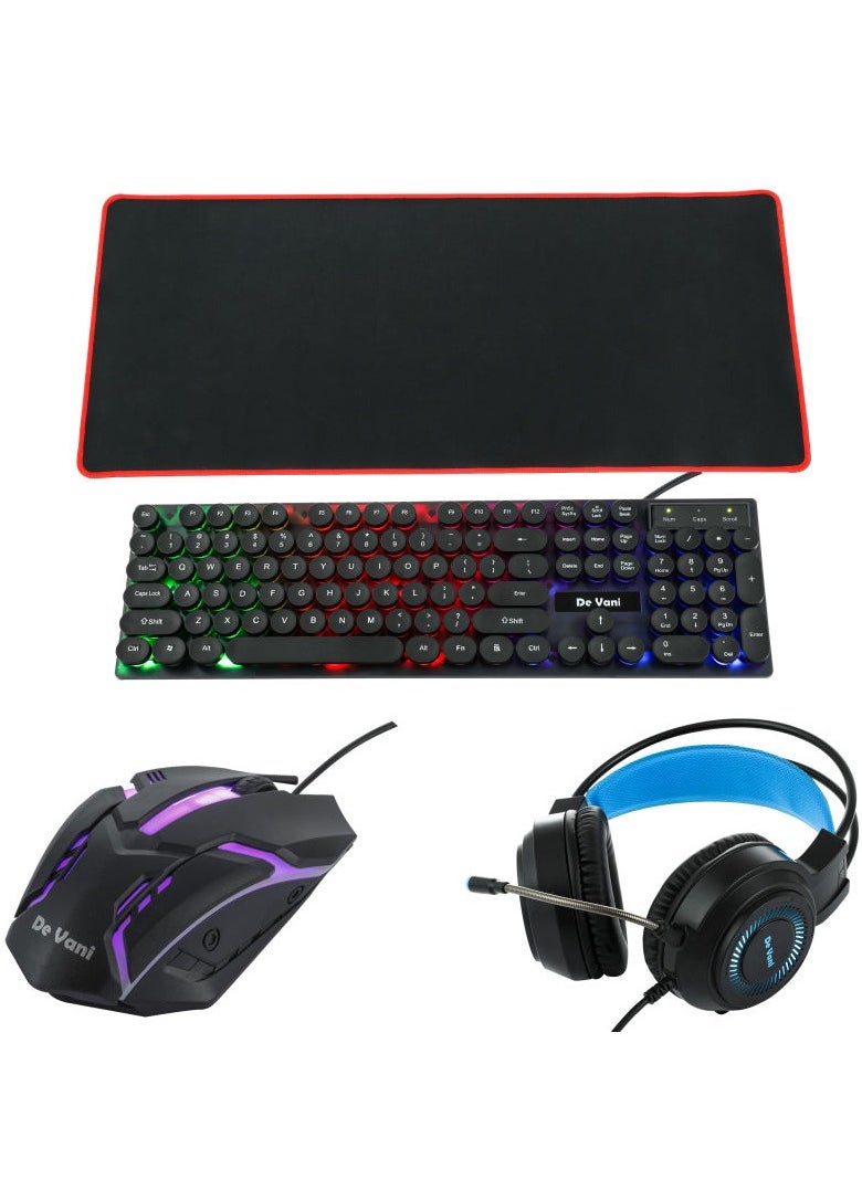 De Vani 4-In-1 Combo set Keyboard And Mouse with Headphone and Mouse pad  - Image 1