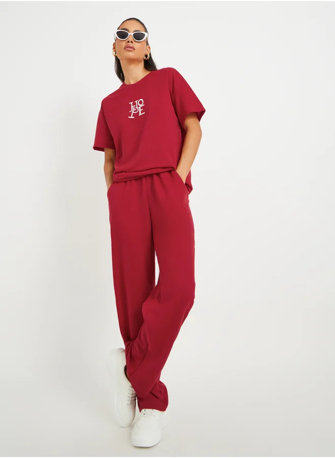 تايك تو Take Two Embroidered Round Neck T-Shirt and Pants Co-Ords