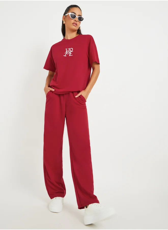 تايك تو Take Two Embroidered Round Neck T-Shirt and Pants Co-Ords
