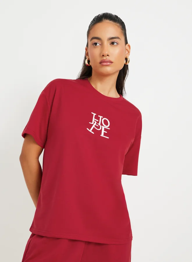 تايك تو Take Two Embroidered Round Neck T-Shirt and Pants Co-Ords
