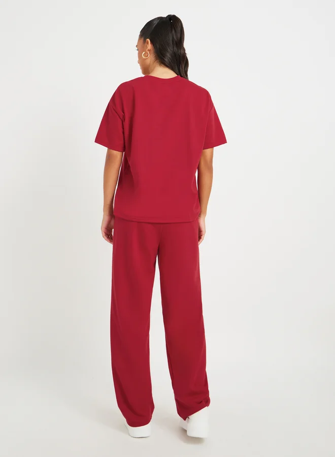 تايك تو Take Two Embroidered Round Neck T-Shirt and Pants Co-Ords