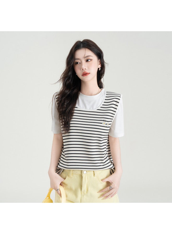 Hstyle Two-tone Stripe Contrast Color Round Neck T-shirt Top For Women - Summer Casual Versatile Slim Stripe Short Sleeve Tee - Image 4