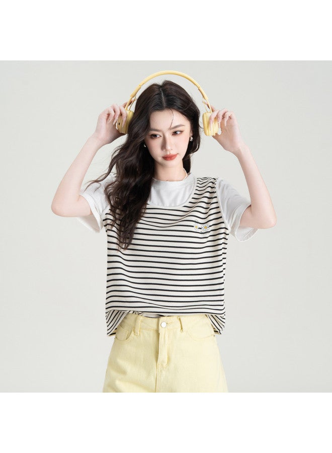 Hstyle Two-tone Stripe Contrast Color Round Neck T-shirt Top For Women - Summer Casual Versatile Slim Stripe Short Sleeve Tee - Image 5