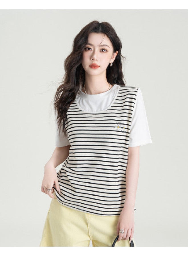 Hstyle Two-tone Stripe Contrast Color Round Neck T-shirt Top For Women - Summer Casual Versatile Slim Stripe Short Sleeve Tee - Image 1