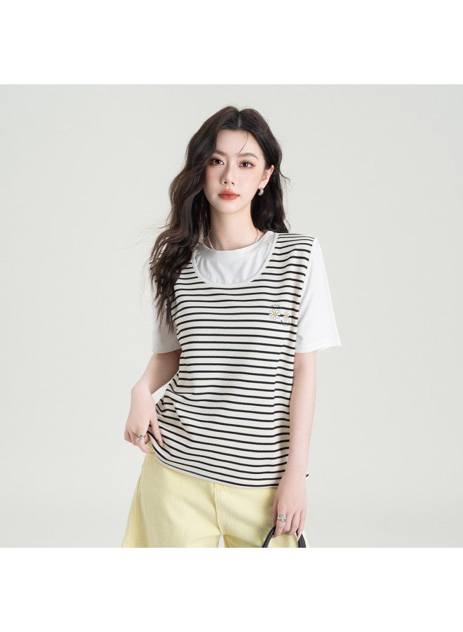 Hstyle Two-tone Stripe Contrast Color Round Neck T-shirt Top For Women - Summer Casual Versatile Slim Stripe Short Sleeve Tee - Image 2