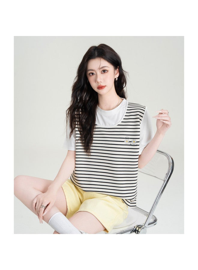 Hstyle Two-tone Stripe Contrast Color Round Neck T-shirt Top For Women - Summer Casual Versatile Slim Stripe Short Sleeve Tee - Image 3