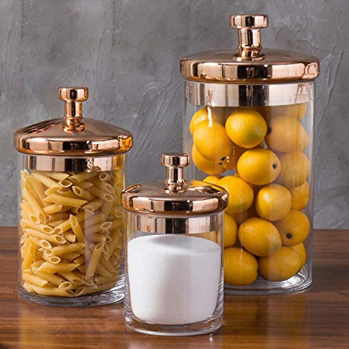MyGift Glass Apothecary Cookie Jar Set with Copper Lid - Decorative Kitchen and Bath Storage Canisters, Wedding Centerpiece Jars, Candy Buffet with Lids