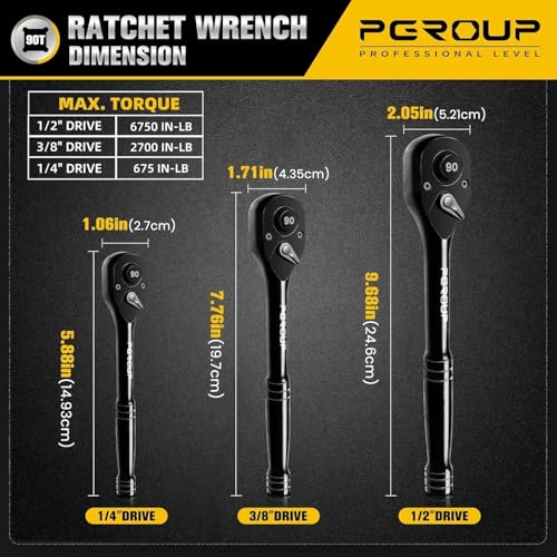 pgroup 3-Piece 90 Tooth Ratchet Wrench Set, 1/4”, 3/8”, 1/2” Drive Reversible Ratchets, 4-Degree Swing, Ergonomic Handle, Chrome Alloy Made, Quick Release Ratchet Wrenches for Repairing, Home, DIY - Image 2