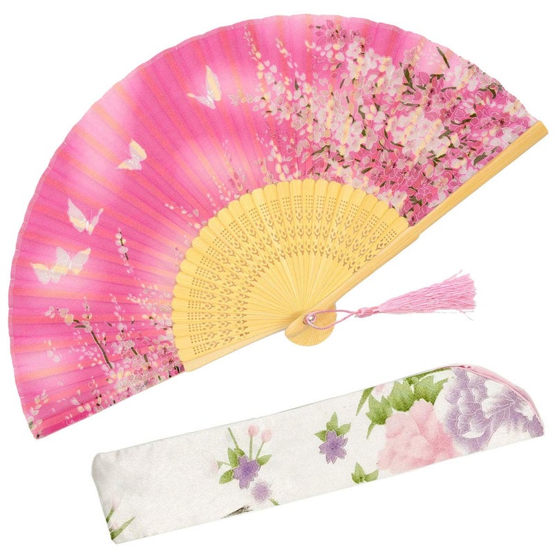 OMyTea Women Hand Held Silk Folding Fans with Bamboo Frame  with a Fabric Sleeve for Protection for Gifts  Sakura Cherry Blossom Pattern WZS3