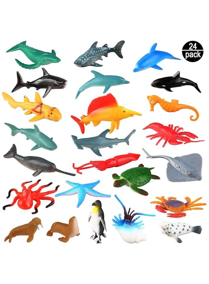 24 قطعة من مجسمات حيوانات المحيط البحري - مجموعة العاب بلاستيكية واقعية لحفلات حمام السباحة مع سلحفاة واخطبوط وسمك قرش - هدايا عيد ميلاد تعليمية للاطفال - Image 1