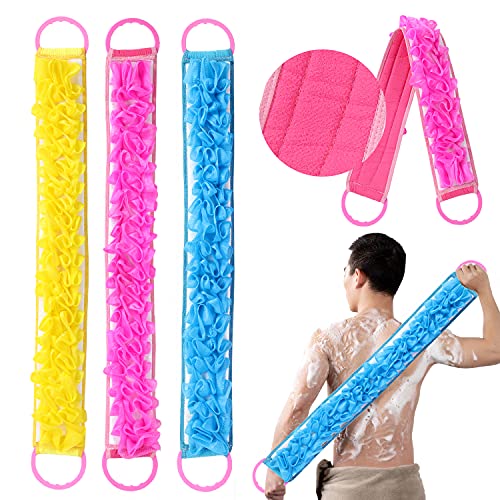 Angla 3 PACK Double-Sided Lace Cloth Back Loofah Scrubber Bath Scrub Shower Sponge Long Exfoliating Back Scrubber Scratcher Strap With Handle, Cream Skin Wash Cleaner Applicator - Image 1