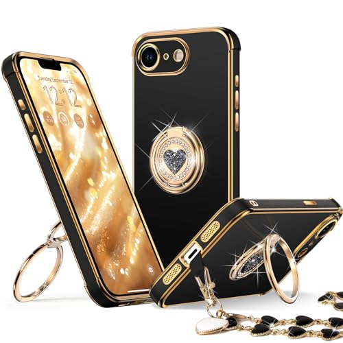 XYZ for iPhone 16E Case with Stand, Phone Case with Double Ring Kickstand, Women Girls Cute Love-Heart Bling Luxury Protective Phone Cover for iPhone SE 4, Black - Image 1