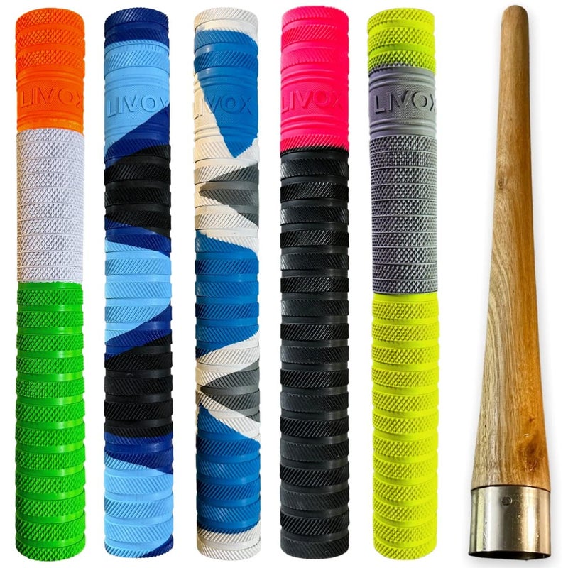 LIVOX ® Premium Cricket Bat Handle Rubber 5 Grips for Enhanced Performance With Better Shock Absorption And 1 Wooden Gripper Cone (pack of 6) - Image 1