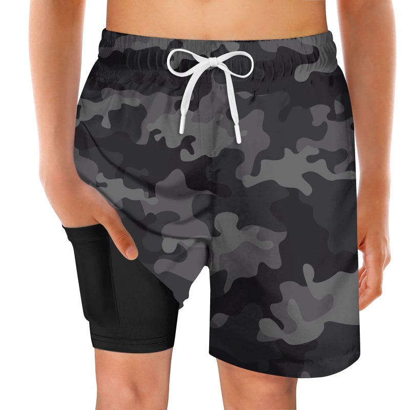swimsobo Teens Boys Swim Trunks Size 14-16 Kids Swimsuit Black Camouflage Swimming Bathing Suit Compression Liner Boardshorts - Image 1