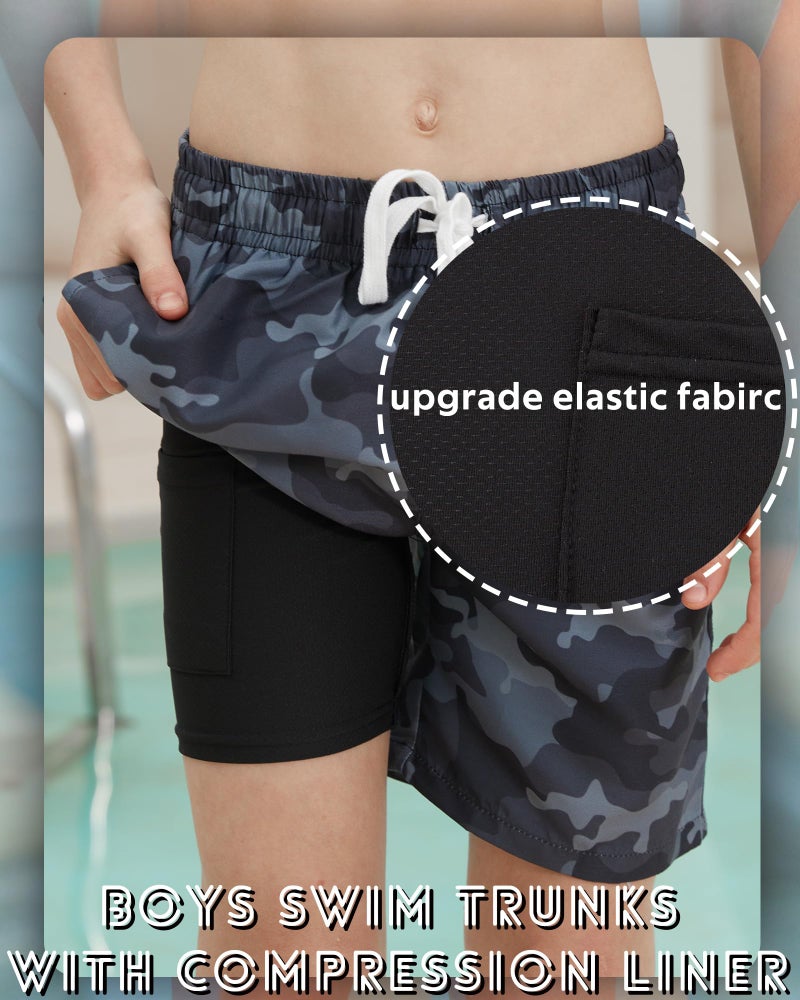 swimsobo Teens Boys Swim Trunks Size 14-16 Kids Swimsuit Black Camouflage Swimming Bathing Suit Compression Liner Boardshorts - Image 4