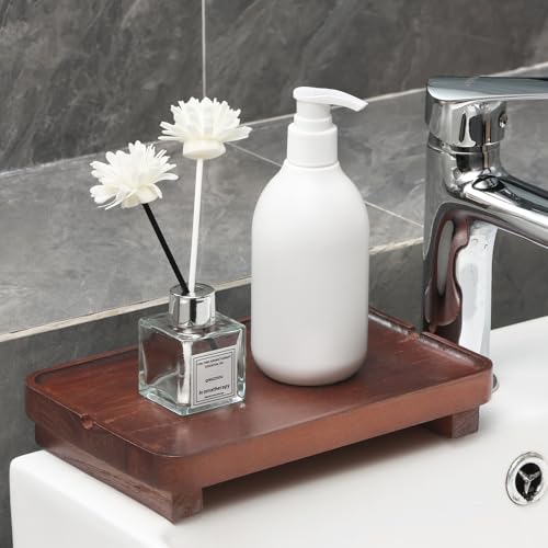 Hiitytin Wood Riser Small Decorative Tray Sink Soap Dish, Vanity Tray Pedestal Stand 9 x 5.9 inches (Dark Brown) - Image 2