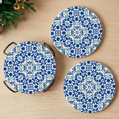 Decor & More - Ceramic Coasters with Matt Finish On Top & Cork Base | Coasters for Cups Set of 6 | Marble Style Ceramic Coaster for Tea, Coffee Table & Dining Table with Metal Holder - Image 1