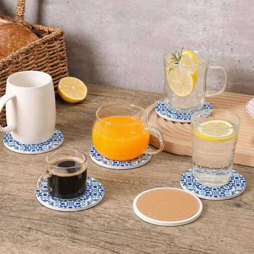 Decor & More - Ceramic Coasters with Matt Finish On Top & Cork Base | Coasters for Cups Set of 6 | Marble Style Ceramic Coaster for Tea, Coffee Table & Dining Table with Metal Holder - Image 3